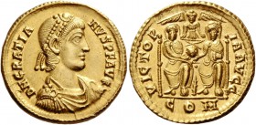 Gratian, 367 – 383. Solidus, Thessalonica 378-383, AV 4.45 g. D N GRATIA – NVS P F AVG Pearl-diademed, draped and cuirassed bust r. Rev. VICTOR - IA A...