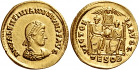 Valentinian II, 375 – 392. Solidus, Thessalonica 378–383, AV 4.49 g. D N VALENTINIANVS IVN P F AVG Pearl-diademed, draped and cuirassed small bust r. ...