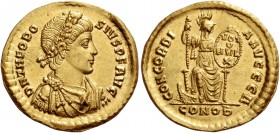 Theodosius I, 379 – 395. Solidus, Constantinopolis 378-383, AV 4.48 g. D N THEODO – SIVS P F AVG Rosette diademed, draped and cuirassed bust r. Rev. C...
