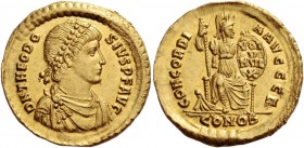 Theodosius I, 379 – 395. Solidus, Constantinopolis 388-392, AV 4.42 g. D N THEODO – SIVS P F AVG Pearl-diademed, draped and cuirassed bust r. Rev. CON...