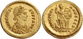 Arcadius, 383 – 408. Solidus, Constantinopolis 387, AV 4.52 g. D N ARCADI – S V P F AVG (sic!) Rosette-diademed, draped and cuirassed bust r. Rev. CON...