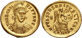 Arcadius, 383 – 408. Solidus, Constantinopolis 403-408, AV 4.49 g. D N ARCADI – VS P F AVG Helmeted, pearl-diademed, draped and cuirassed bust facing ...