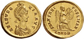 Aelia Eudoxia, wife of Arcadius. Solidus, Constantinopolis 400-402, AV 4.38 g. AEL EVDO – XIA AVG Pearl-diademed and draped bust r., crowned by the ha...