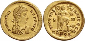 Honorius, 393 – 423. Solidus, Sirmium 393-396, AV 4.46 g. D N HONORI – VS P F AVG Pearl-diademed, draped and cuirassed bust r. Rev. VICTORI –A AVGGG H...