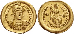 Theodosius II, 402 – 450. Solidus, Constantinopolis 408-420, AV 4.46 g. D N THEODO – SIVS P F AVG Helmeted, pearl-diademed, draped and cuirassed bust ...
