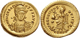 Theodosius II, 402 – 450. Solidus, Constantinopolis 441-450, AV 4.47 g. D N THEODOSI – VS P F AVG Helmeted, pearl-dia­demed, draped and cuirassed bust...