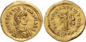 Zeno second reign, 476 – 491. Zeno augutus with Leo caesar, 476 – 477. Tremissis, Constantinopolis 476-477, AV 1.45 g. D N ZENO ET LI – EO NOV CAES Pe...