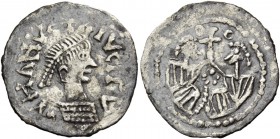 The Gepids. In name of Anastasius, 491-518. Quarter siliqua, Sirmium circa 491-504, AR 0.77 g. Pearl-diademed, draped and cuirassed bust r. Rev. Two c...