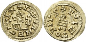 The Visigoths, Egica, 687 – 702. Tremissis, Carthaginensis Toledo 687-702, AV 1.54 g. + IND•INM EGICΛR Bust right, holding cruciform sceptre with leav...