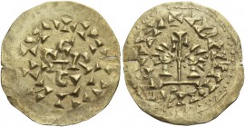 Egica – Wittiza, 694/5 – 702. Tremissis, Tarraconensis Cesaragusta 694-702, AV 1.25 g. + IDMNHEGICΛPH Long cross potent between confronted busts of Eg...