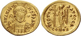 Anastasius, 11 April 491 – 1 July 518. Solidus 491-498, AV 4.44 g. D N ANASTA – SIVS P P AVG Helmeted, pearl-diademed and cuirassed bust three-quarter...