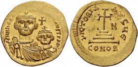 Heraclius, 610 – 641 with Heraclius Constantinus. Solidus 613-616, AV 4.44 g. dd NN hЄRA[CLIyS ЄT hЄRA C]ONST PP AVG Crowned busts of Heraclius on l. ...