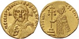 Justinian II, first reign 685 - 695. Solidus 692-695, AV 4.35 g. IhS CRIStOS REX – REGNANtIY M Bust of Christ facing, cross behind head, r. hand raise...
