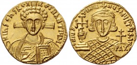 Justinian II second reign with colleagues, Summer 705 – 4 November 711. Solidus 705-711, AV 4.31 g. d N IhS ChS REX – REGNANTIYM Facing bust of Christ...