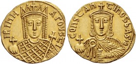 Constantine VI and Irene, 780 – 797. Solidus 792-797, AV 4.33 g. IRIhH – AΓOVStI Facing bust of Irene, wearing loros and crown with cross, four pinnac...