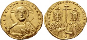 Constantine VII Porphyrogenitus, 6 June 913 – 9 November 959, with colleagues from 914. Solidus circa 949–959, AV 4.39 g. +IhS XPS ReX ReGNANTIVM Faci...
