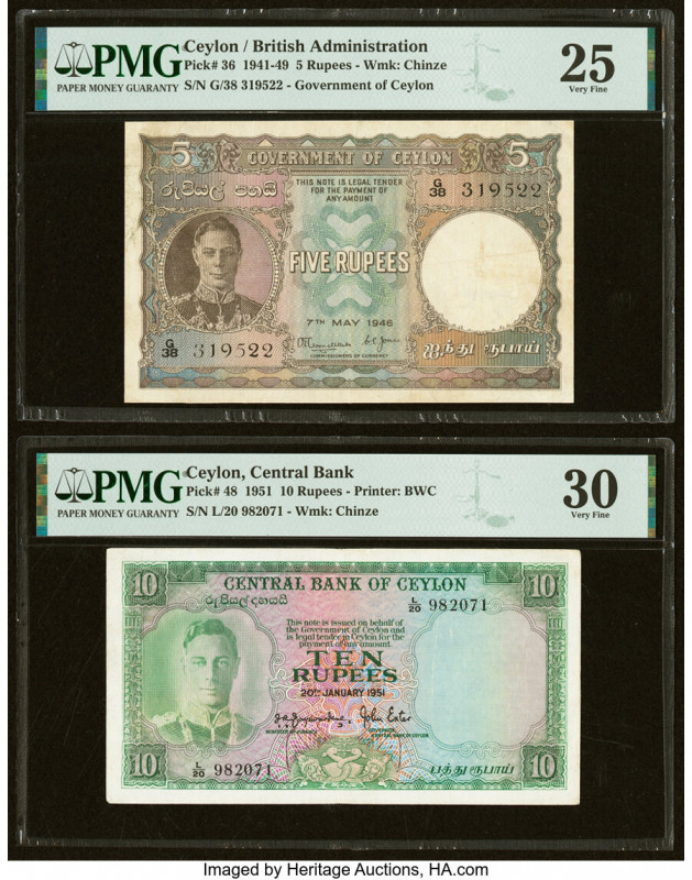 Ceylon Government of Ceylon 5; 10 Rupees 7.5.1946; 20.1.1951 Pick 36; 48 Two Exa...