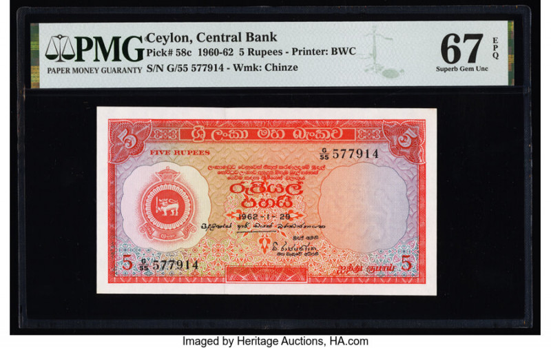 Ceylon Central Bank of Ceylon 5 Rupees 1.29.1962 Pick 58c PMG Superb Gem Unc 67 ...