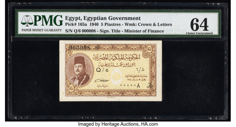 Royal Serial Number 8 Egypt Egyptian Government 5 Piastres 1940 Pick 165a PMG Ch...