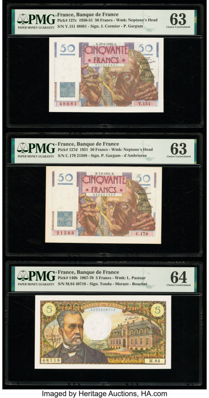 France Banque de France 50 (2); 5 Francs 29.6.1950; 7.6.1951; 1.8.1968 Pick 127c...