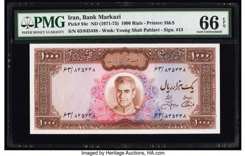 Iran Bank Markazi 1000 Rials ND (1971-73) Pick 94c PMG Gem Uncirculated 66 EPQ. ...