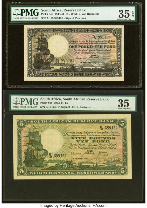 South Africa South African Reserve Bank 1 (2); 5 Pounds; 10 Shillings 28.9.1942;...