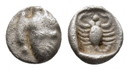 Caria, Mylasa. Ca. 450-400 B.C. AR hemiobol Facing forepart of lion / Scorpion with tail within incuse square. SNG Keckman 917; SNG Kayhan 934-8. AR 0...