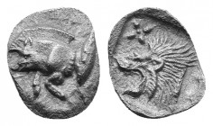 Mysia, Kyzikos AR Hemiobol. c. 550-500. Forepart of boar l.; tunny behind / Head of lion l.; lion’s head facing above l.; all within incuse square. SN...