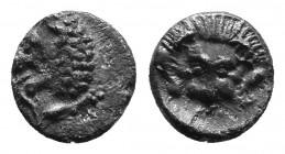 Carian Satraps. Hekatomnos. 392/1-377/6 B.C. AR hemiobol Head of roaring lion left / Forepart of facing lion; trident head below. SNG Keckman 837-40; ...
