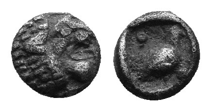 Caria. Mylasa circa 420-390 BC. Tetartemorion. Forepart of roaring lion right / ...
