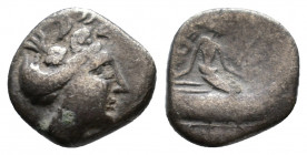 EUBOIA, Histiaia. 267-168 BC. AR Tetrobol Head of nymph Histiaia / Histiaia seated on galley decorated with star holding mast. SNG.Cop.530 AR 1.43g