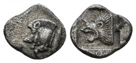 Mysia, Kyzikos AR Diobol. c. 550-500. Forepart of boar l.; tunny behind / Head of lion l.; lion’s head facing above l.; all within incuse square. SNG ...