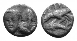 MOESIA, Istros. 4th century BC. AR Hemiobol Facing male heads, the right inverted / Sea-eagle left on dolphin; Y between tail and dolphin. AMNG I –; H...