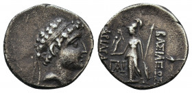 Kings of Cappadocia, Ariarathes V AR Drachm.Kings of Cappadocia, Ariarathes V AR Drachm. Circa 163-130 BC. Diademed head right / Athena Nikephoros sta...