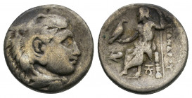 Kings of Macedon. Abydus. Alexander III "the Great" 336-323 BC. Drachm AR Head of Herakles right, wearing lion skin / AΛΕΞΑΝΔΡOY, Zeus seated left wit...