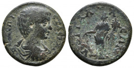 Phrygia, Hyrgaleis. Geta 209-212. ΠΟ ΣΕΠΤ ΓΕΤΑΣ ΚΑΙ, Draped and cuirassed bust to right / ΥΡΓΑΛΛΕΩΝ, Tyche standing with rudder, holding polos and cor...