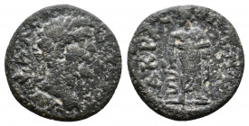Lydia, Akrasos. Septimius Severus. A.D. 193-211. Æ AYT K Λ CEΠ CEVHPOC, laureate head right / AKPACIΩTΩN, Asklepios standing facing, head left, restin...
