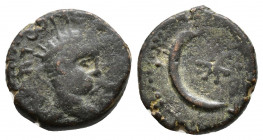 MESOPOTAMIA. Carrhae. Elagabalus , 218-222. [ANTΩ CEB?] Radiate bust of Elagabalus to right, seen from behind. Rev. KAPP KOΛ M (?) Filleted crescent; ...