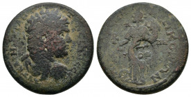 Laodicea, Phrygia. Caracalla AD 198-217. Radiate, draped and cuirassed bust right / ΛΑΟΔΙΚΕΩΝ ΝΕΩΚΟΡΩΝ, Tyche standing wearing modius, holding rudder ...