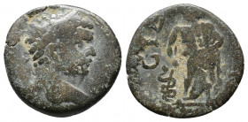 Pamphylia, Side. Caracalla AD 198-211. Not readable legend, Laureate, draped and cuirassed bust right / CIΔHTΩN, Aesculapius standing front holding se...