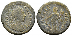 Lydia, Thyatira. Diadumenian 217-218. ΔIAΔOYMENIANOC, laureate, draped and cuirassed bust right / ΘYATEIΡHNΩN, Tyche standing left with rudder and cor...