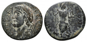 PISIDIA, Antiochia. Septimius Severus. AD 193-211. Laureate head left / Mên standing left, left foot on bucranium holding scepter and Nike; to left, c...