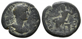 Pisidia, Baris. Harian 117-138. ΑΥΤ ΚΑΙ ΤΡΑΙΑΝΟϹ ΑΔΡΙΑΝΟϹ, laureate head of Hadrian, r., with drapery on l. shoulder / ΒΑΡΗΝΩΝ, Zeus seated l., holdin...
