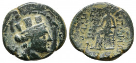 CILICIA. Hierapolis-Castabala. Ae (2nd-1st centuries BC). Turreted head of Tyche right; monogram behind Rev: Goddes seated left on high-backed throne,...