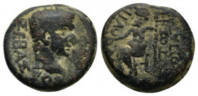 PHRYGIA. Philomelium. Tiberius (AD 14-37). Hemiassarion. Titos Philopatris, magistrate. Bare head of Tiberius right / Zeus seated left on throne, hold...