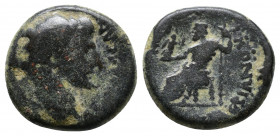 PHRYGIA. Synnada. Tiberius (14-37). AE Obv.: [ϹEΒΑϹΤΟϹ ϹΥΝΝ]ΑΔEΩΝ. Bare head of Tiberius, r. Rev.: [EΠΙ ΚΛΑΥΔΙΟΥ ΟΥΑ]ΛEΡΙΑΝΟΥ. Zeus seated, l., with N...