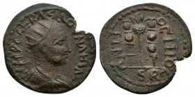 Valerian I, AE22, 253-260, Pisidia-Antioch. IMP CAE R ASLL OVALHIIR (!), radiate, draped, cuirassed bust right, seen from behind ANTI_OCHIOC, legionar...