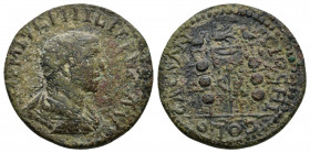 Pisidia. Antioch. Philip I Arab AD 244-249. I-MP M IVL PHILIPPVS P F AVG; radiate, draped, and cuirassed bust right / ANTI-OCHI around, COLO (upside d...