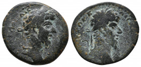 Seleucis and Pieria. Laodicea ad Mare. Marcus Aurelius and Lucius Verus AD 165-166. ΑVΤΟΚΡΑΤΩΡ ΚΑΙСΑΡ ΑΝΤΩΝΙΝΟС / ΙΟV, laureate head of Marcus Aureliu...