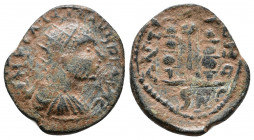 Pisidia, Antiochia. Valerian I. A.D. 253-260. Radiate, draped and cuirassed bust r, blundered legend / ANTIOC-HIOCL around, SR in exergue, vexillum su...